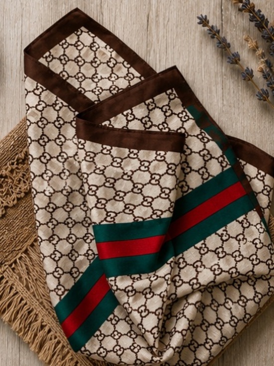 Luxe Accessories - Large Designer Inspired Brown Monogram Stripe Square Scarf Red Green Accent